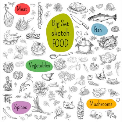 Sticker Grote reeks schets opgesteld Food, witte achtergrond. Vlees, vis, groenten, paddestoelen, specerijen. Hand getrokken vector illustratie