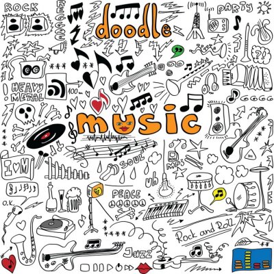 Sticker grote set doodle muziek symbolen op een witte achtergrond