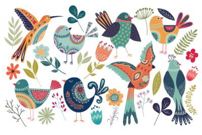 Sticker Grote verzameling met schattige vogels en bloemen