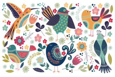 Sticker Grote verzameling met schattige vogels en bloemen