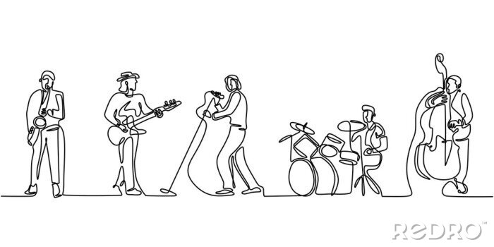 Sticker Group band music performance. Continuous one line drawing. Single hand drawn sketch minimalism. People with classical music instruments. Jazz and soul with singer.