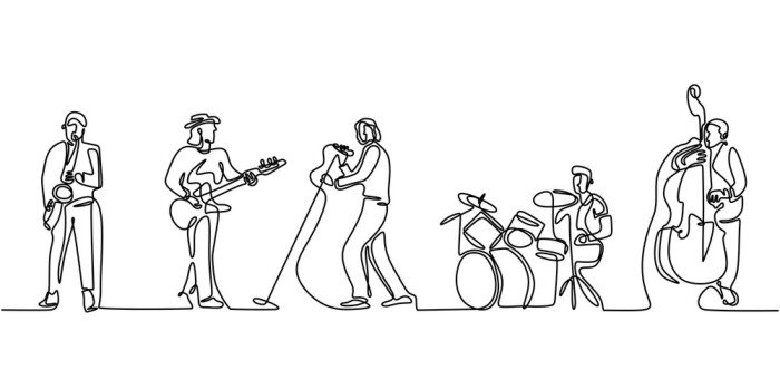 Sticker Group band music performance. Continuous one line drawing. Single hand drawn sketch minimalism. People with classical music instruments. Jazz and soul with singer.
