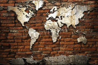 Sticker Grunge concrete wereldkaart op oude bakstenen muur