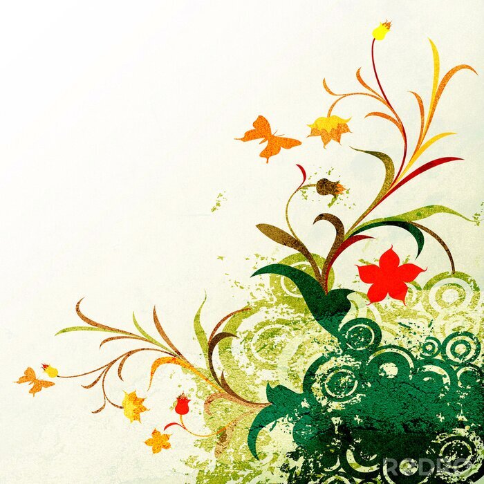 Sticker grunge floral design met cirkels en vlinders