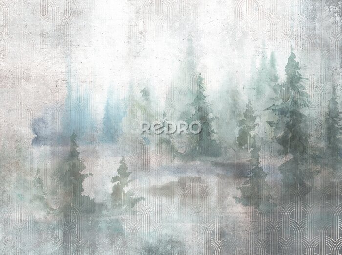 Sticker Grunge photo wallpaper with golden abstract elements on concrete background. Illustration for wallpaper, fresco, mural.