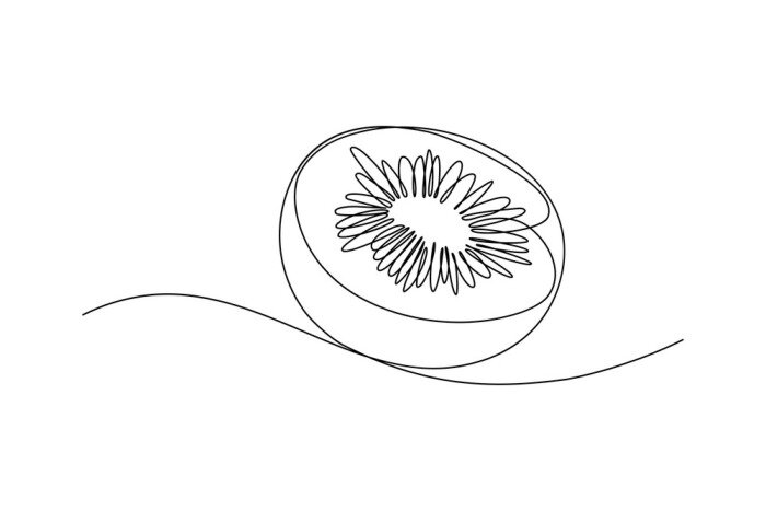Sticker Half of kiwi fruit in continuous line art drawing style. Black line sketch on white background. Vector illustration