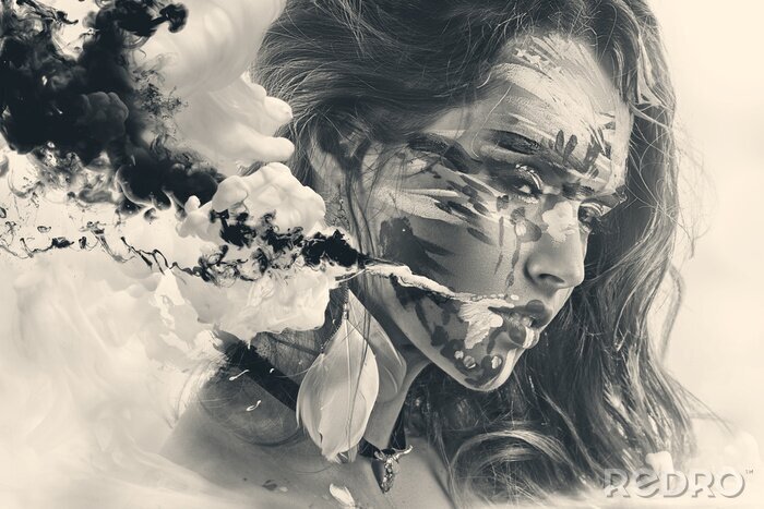 Sticker Halloween Geschilderd mooie vrouw gezicht, artistieke make-up, lichaam en gezicht kunst, close-up. Gezichtsuitdrukking, emoties. Blood Halloween schoonheid mode-stijl in de kleuren rood, geel, blauw k