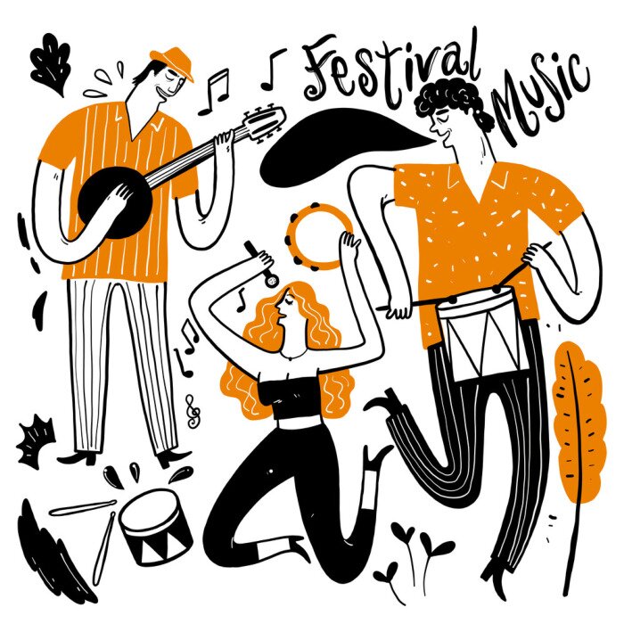 Sticker Hand drawing the musicians playing music. Vector Illustration doodle style.