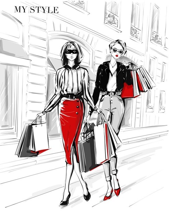 Sticker Hand drawn beautiful two young women with shopping bags. Fashion woman in red skirt. Women on street background. Black and white sketch. Fashion illustration.