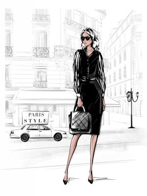 Sticker Hand drawn beautiful young woman in black dress. Fashion woman with bag. Girl in black shoes with Paris street background. Sketch. Fashion illustration.