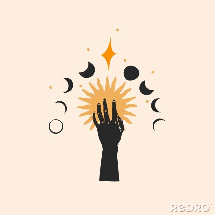 Sticker Hand drawn vector abstract stock flat graphic illustration with logo element,magic line art of gold sun,human hand silhouette and moon phases in simple style for branding,isolated on color background