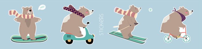 Sticker Hand drawn vector set of cute funny bears. Pre-made stickers. Eps 10.