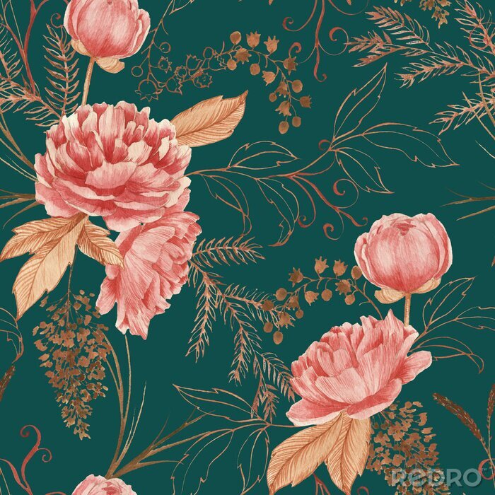 Sticker Hand drawn watercolor seamless pattern with pink peony and decorative plants. Repeat background illustration