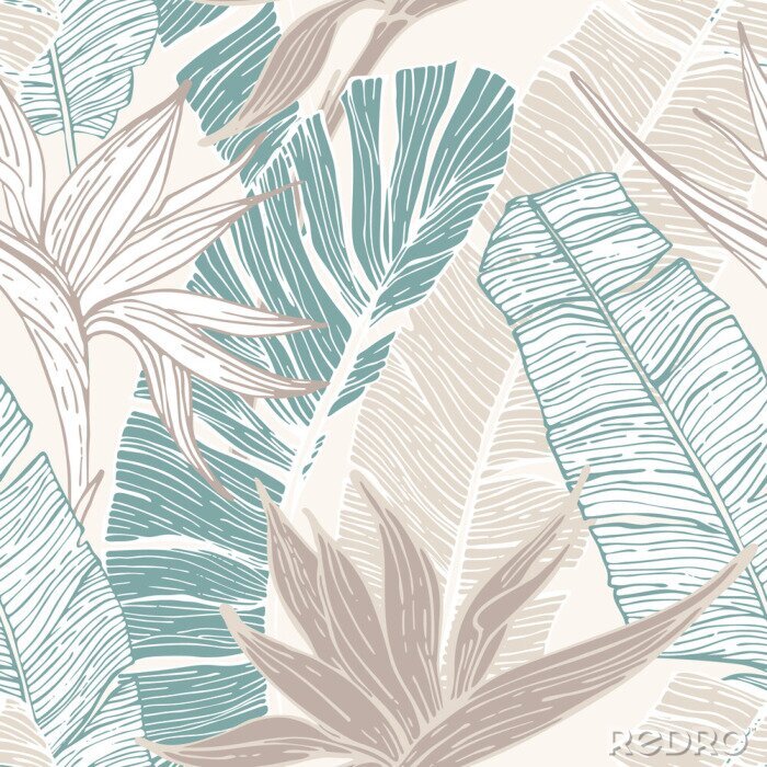 Sticker Hand getekend abstracte tropische zomer achtergrond: palm- en bananenbladeren, vogel in het paradijs bloem in silhouet, lijntekeningen