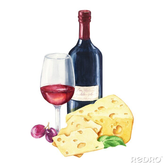 Sticker Hand getekend aquarel rode wijn met fles en glas, en kaas compositie. Heerlijke voedselillustratie die op witte achtergrond wordt geïsoleerd.
