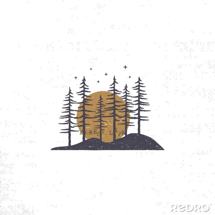 Sticker Hand getekend bos met zon concept. De geweven illustratie van pijnboombomen met sterren. Geïsoleerd op witte achtergrond Perfect voor kamperen, avontuur-logo of badges.