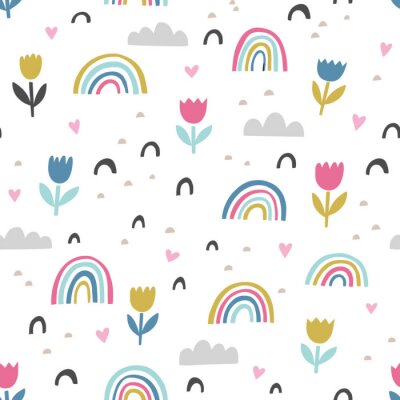 Hand getekend schattig abstract patroon. Regenboog, bloem, wolkenkrabbel vector naadloze achtergrond. Ontwerp voor stof in felle kleuren.