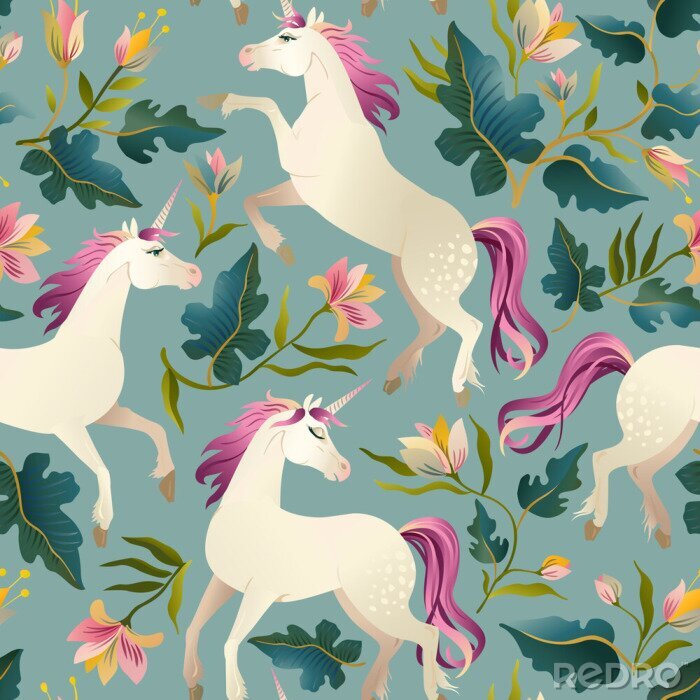 Sticker Hand getekend vintage Unicorn in magische bos naadloze patroon. Vector illustratie.