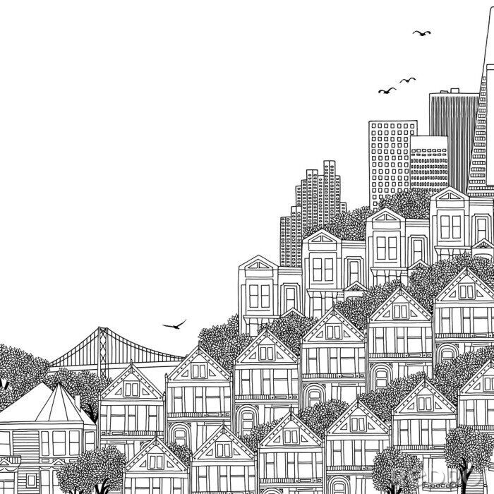 Sticker Hand getekend zwart-wit afbeelding van San Francisco met Victoriaanse huizen en lege ruimte voor tekst