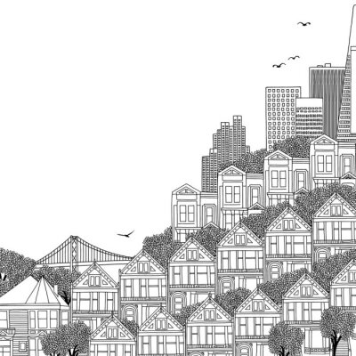 Sticker Hand getekend zwart-wit afbeelding van San Francisco met Victoriaanse huizen en lege ruimte voor tekst