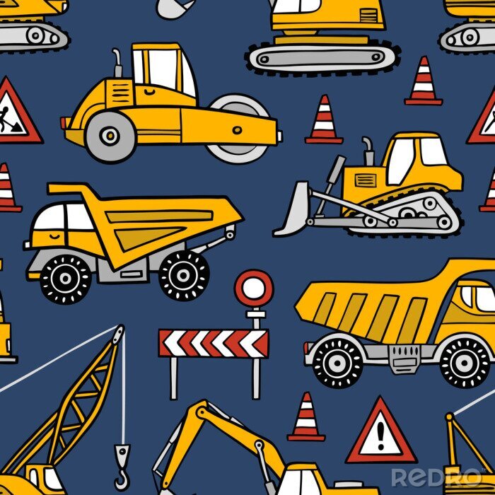 Sticker Hand getrokken bouw auto's naadloze vector patroon op donkerblauwe achtergrond.