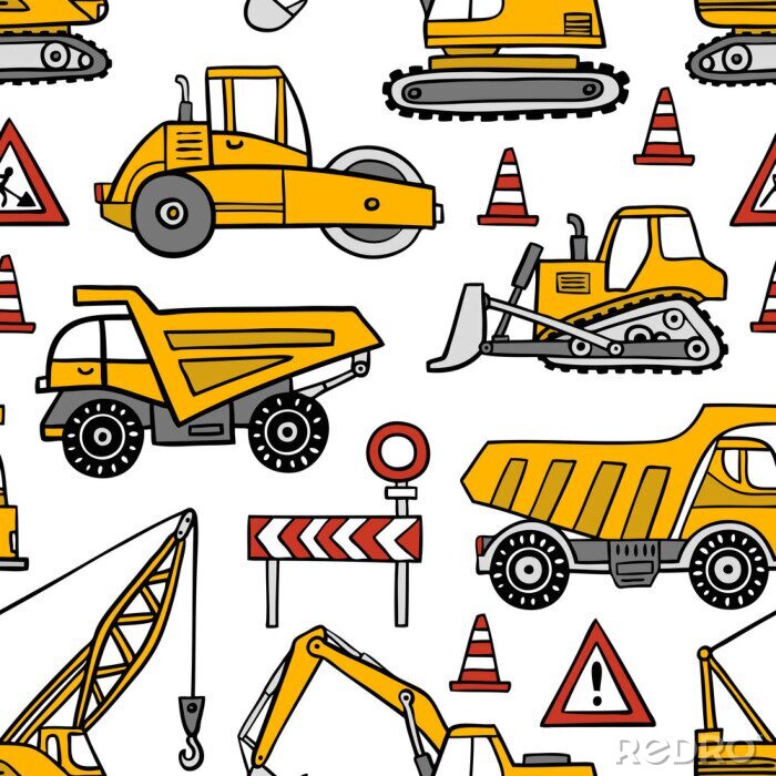 Sticker Hand getrokken bouw auto's naadloze vector patroon op witte achtergrond.