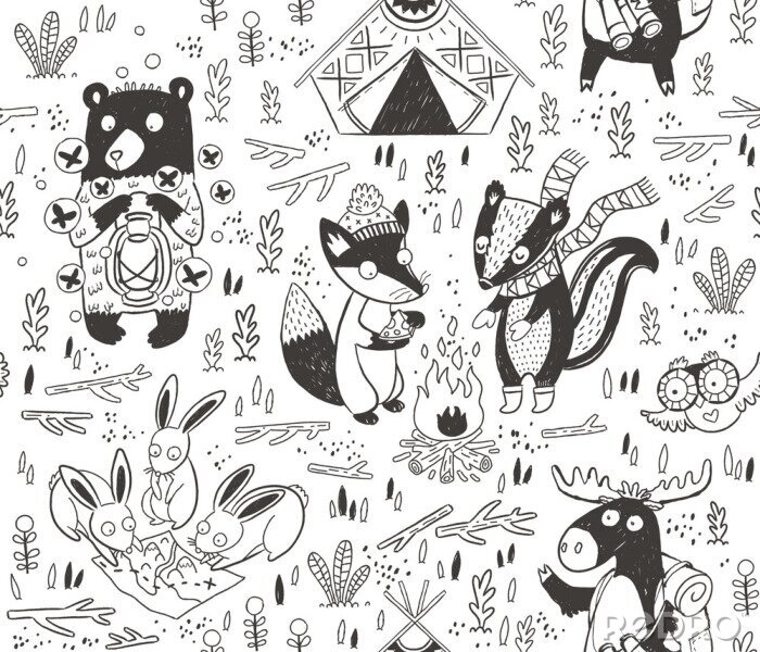 Sticker Hand getrokken camping naadloze patroon met stripfiguren in monochrom