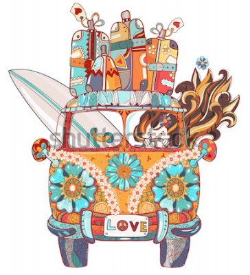 Sticker Hand getrokken doodle schets retro bus reizen versierd met ornamenten vooraanzicht. Vector zen kunst illustratie. Bloemen versiering. Schets voor tatoeage of print Boho stijl.