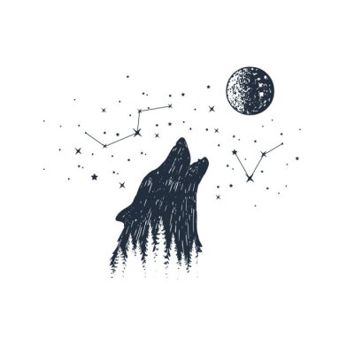 Sticker Hand getrokken huilende wolf en sterrenbeelden getextureerde vectorillustraties.