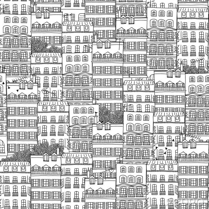 Sticker Hand getrokken naadloos patroon van de Franse stijl huizen