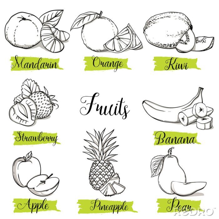Sticker Hand getrokken schets stijl fruit en bessen. Mandarijn, sinaasappel, kiwi, aardbei, banaan, appel, ananas en peer. Organisch fruit met blad, de vector geïsoleerde inzameling van krabbelillustraties.