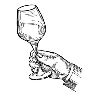 Sticker Hand met een glas wijn. Gravure stijl. Hand getekende illustratie omgezet in vector.