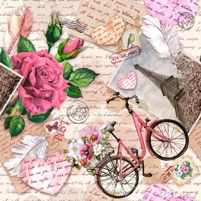Sticker Hand written letters, hearts, bicycle with flowers in basket, vintage photo of Eiffel Tower, rose flowers, postal stamps, feathers. Seamless pattern about love, France, Paris