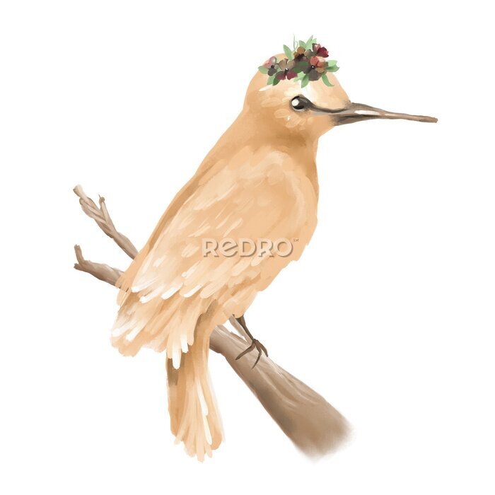 Sticker Handgeschilderde, olie getextureerde mooie vogel op tak met bloemen krans, geïsoleerd op wit