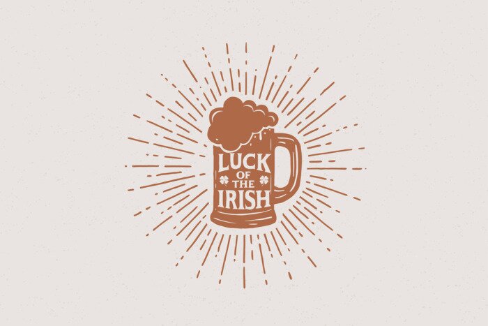 Sticker Hands drawn beer mug with the inscription Irish luck in the rays of light. Vintage illustration on the theme of St. Patrick's Day. Monochrome engraving style.