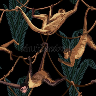 Sticker hanging monkeys in the jungle seamless background