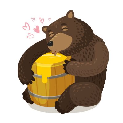 Sticker Happy bear hugs wooden barrel of honey. Cartoon vector illustration