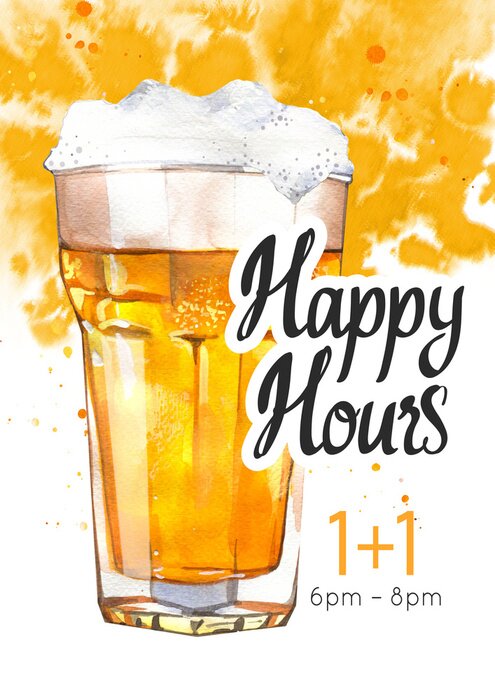 Sticker Happy hours poster. Watercolor illustration with glass of lager beer in picturesque style for bar. Drink menu for celebration. Special offer.