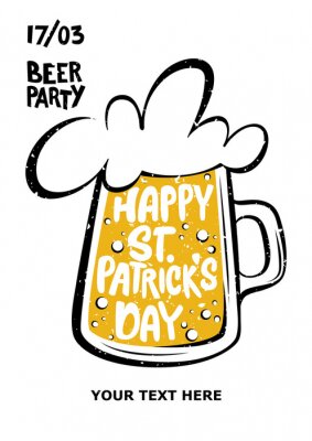 Sticker Happy St. Patrick's Day greeting. Lettering happy St. Patrick's Day inscribed in a beer. Beer party. Illustration of a beer mug.