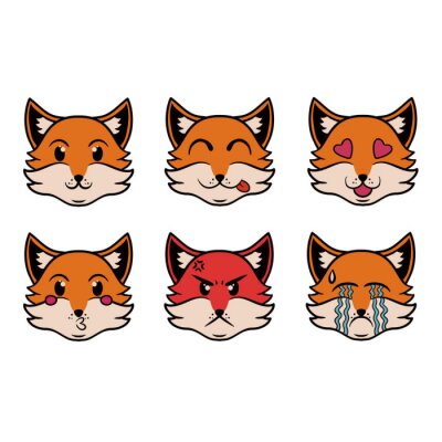 Sticker Head of the Emoji Fox in pop art style. Vector set of fox character. Cartoon style. Funny character design