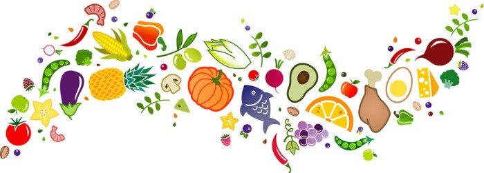Sticker healthy, colorful & balanced diet, food icon banner: flat lay of cartoon foods and ingredients isolated on white – vector illustration