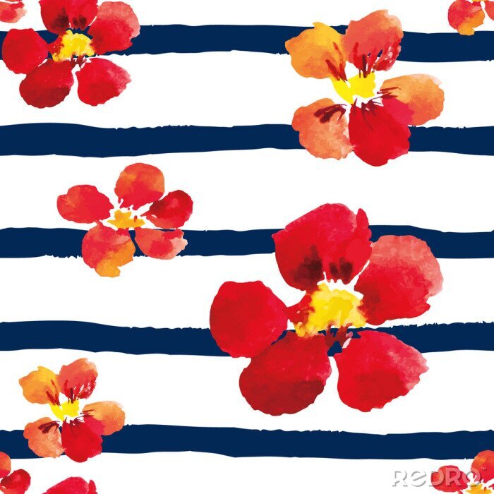 Sticker Heldere rode Oost-Indische kers op de gestreepte nautische achtergrond. Watercolor naadloos patroon met grote bloemen.