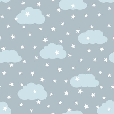 Hemel met wolken en sterren. Naadloos patroon voor kinderen.