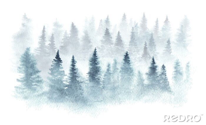 Sticker Het bos van de winter in een mist die in waterverf wordt geschilderd.