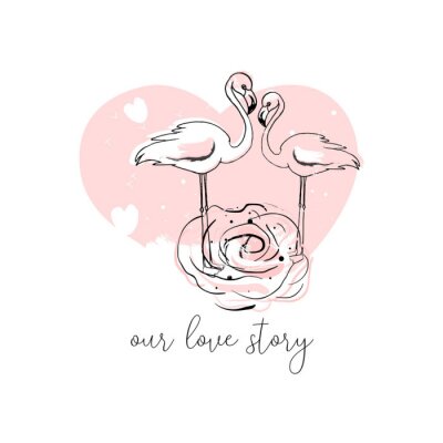 Sticker Het tropische hand getrokken ontwerp van de flamingoillustratie in pastelkleurroze met de trendy elementen van de hipsterdecoratie. Moderne print voor bruiloft, uitnodigingen, wenskaart, header, Valen