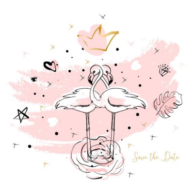 Sticker Het tropische hand getrokken ontwerp van de flamingoillustratie in pastelkleurroze met de trendy elementen van de hipsterdecoratie. Moderne print voor bruiloft, uitnodigingen, wenskaart, header, Valen