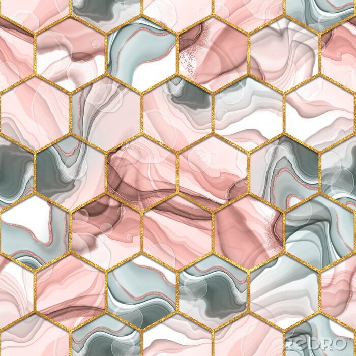 Sticker Hexagon seamless texture. Abstract gray and red trendy background
