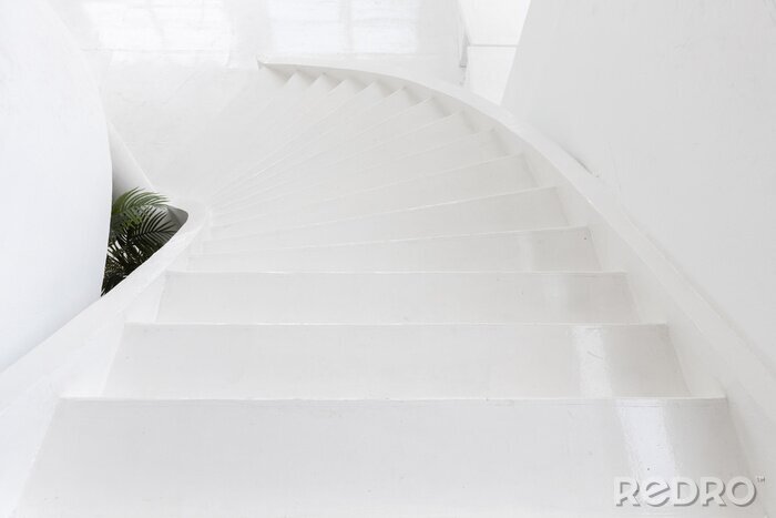Sticker high angle view of white indoor cement stone staircase without railing in minimal building