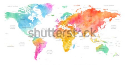 Sticker High detailed Multicolor Watercolor World Map Illustration with borders, oceans and countries on white Background, Side View.