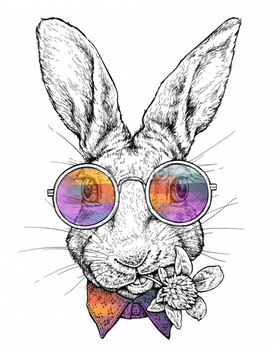Sticker Hipster konijn met gekleurde bril